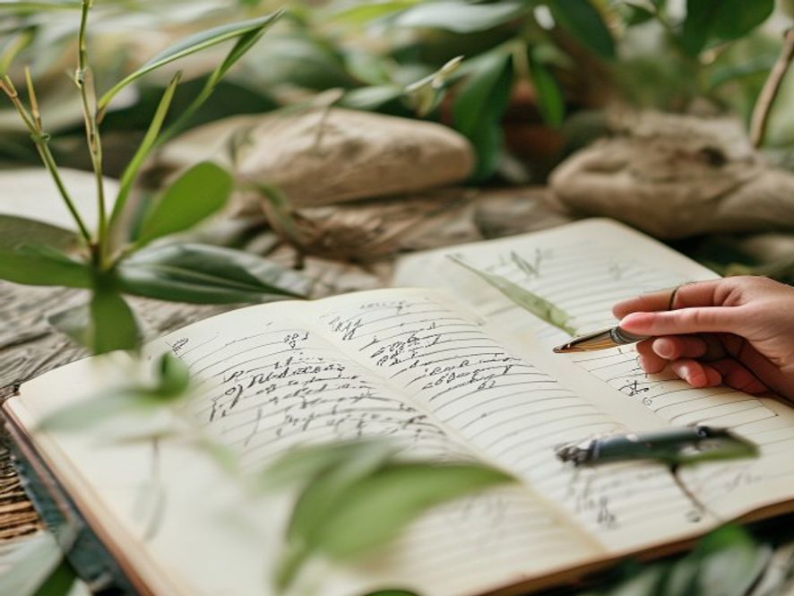 A person's hands holding an open journal with sketches and notes about daily habits and hydration tracking