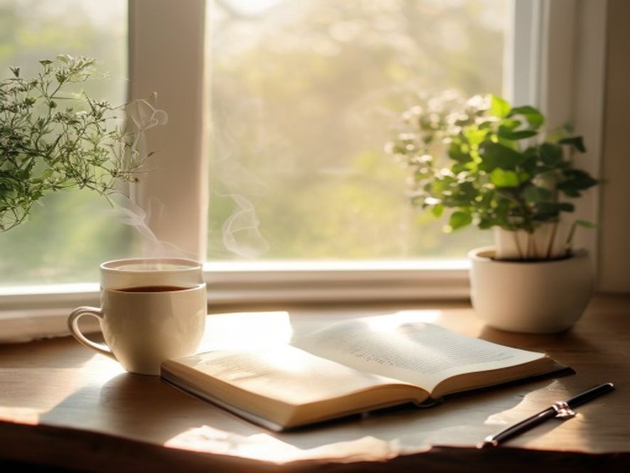 A calm morning space with herbal tea steaming in a mug beside a journal and pen