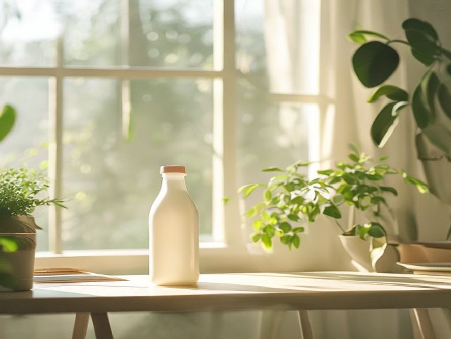 A bright, minimalist workspace with an open window, water bottle, and natural morning light illuminating the space