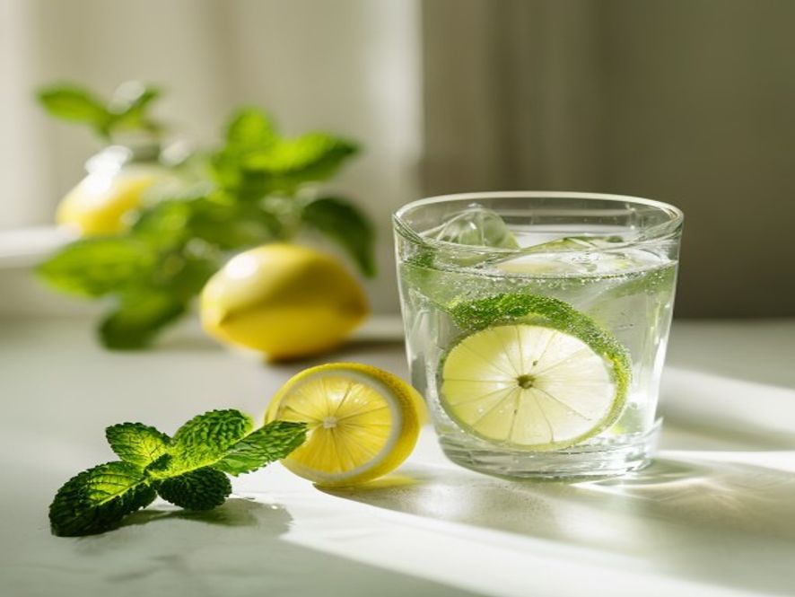 A clear glass with water and lemon slice on a wellness-focused workspace with fresh mint leaves