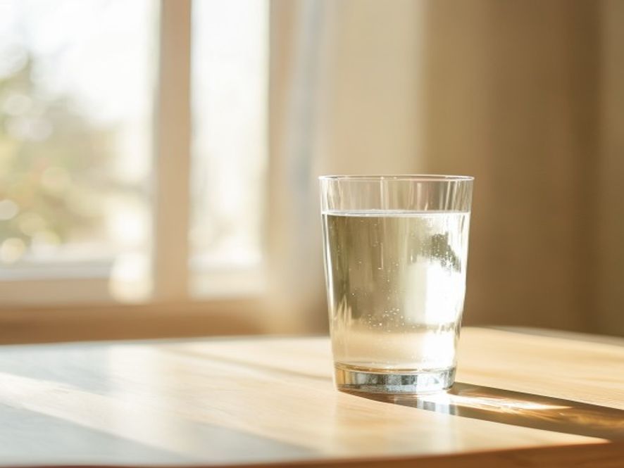 A glass of clear water on a light wooden table with soft morning light