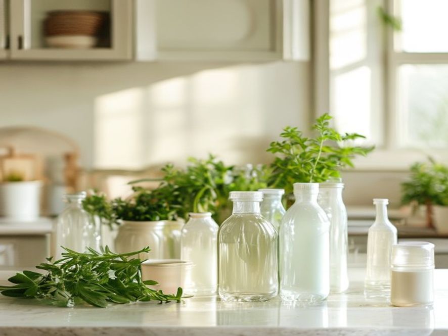 Assorted water bottles and cups on a kitchen counter with fresh herbs nearby