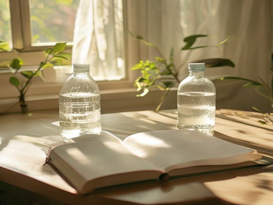 A serene morning desk setup with open planner, water bottle, and soft natural light streaming through window
